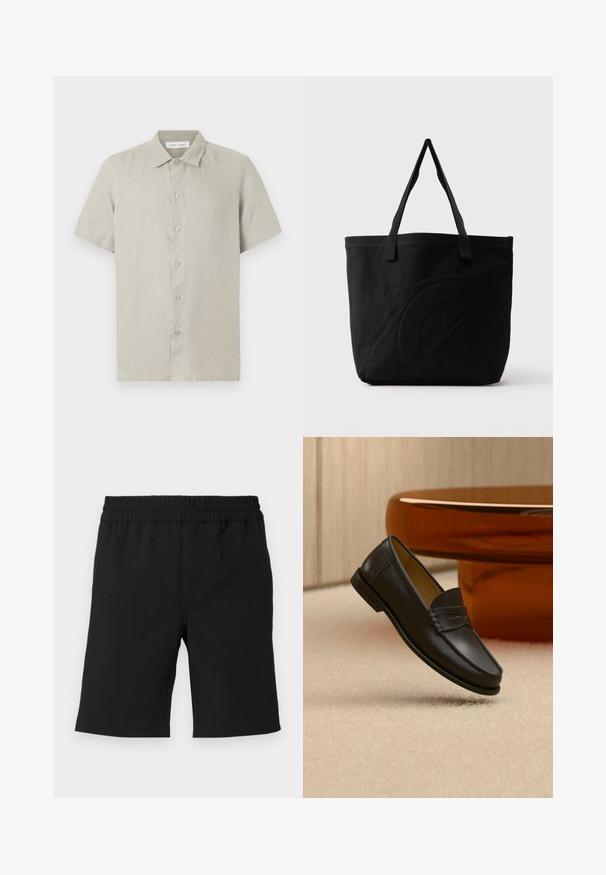 Chemise beige à manches courtes avec col, boutonnée sur le devant, en tissu léger, vue de face sur fond blanc.; Shorts noirs en tissu confortable avec une taille élastique. Design simple, coupe droite, adaptés pour un usage décontracté.; Chaussure mocassin en cuir noir suspendue au-dessus d’un tapis beige avec du mobilier moderne couleur ambre en arrière-plan.; Sac fourre-tout en toile noire avec deux bandoulières et un motif circulaire discret en relief sur le devant.