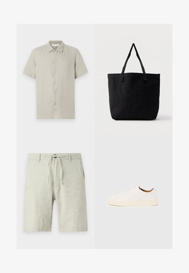Beige Kurzarm-Hemd mit Knöpfen und Kragen, aus leichtem Stoff, Vorderansicht auf weißem Hintergrund.; Helle graue Leinen-Shorts mit elastischem Kordelzugbund, Seitentaschen und lockerer Passform. Texturiert mit leichtem Schimmer.; Weißer Sneaker mit niedrigem Schaft und Schnürdesign, minimalen Nähten und einer cremefarbenen Sohle auf hellgrauem Hintergrund.; Schwarze Canvas-Shopper-Tasche mit zwei Schulterriemen und einem dezenten, eingeprägten kreisförmigen Design auf der Vorderseite.