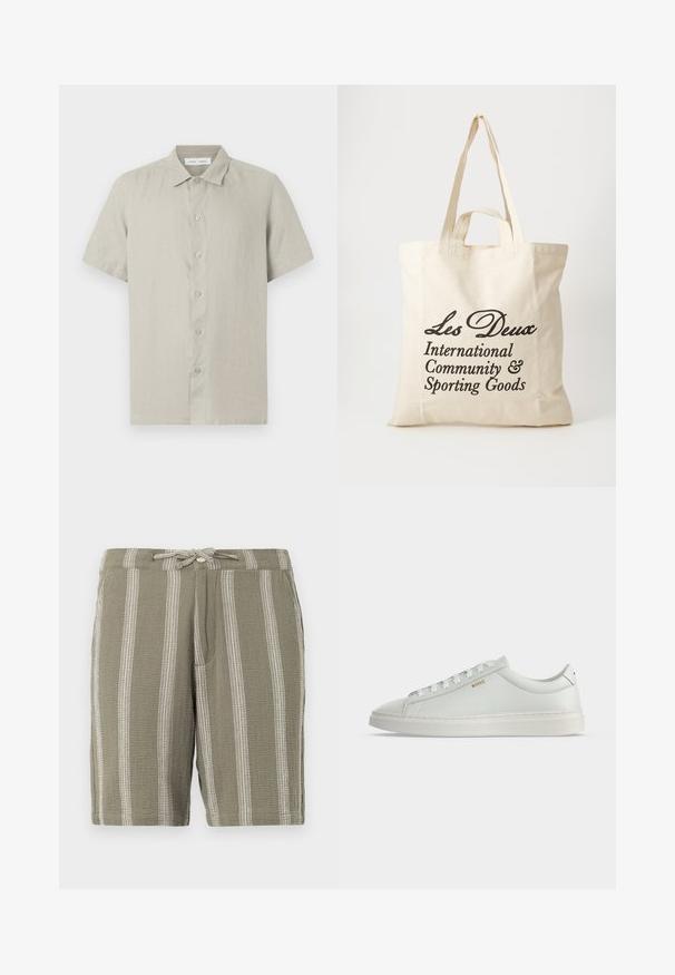 Beige overhemd met korte mouwen en knopen, met kraag, gemaakt van lichtgewicht stof, voorkant zichtbaar op een witte achtergrond.; Groene shorts van textuurstof, met verticale witte strepen, een verstelbare trekkoord tailleband en schuine zijzakken.; Witte lage leren sneaker met veters, platte zool en klein gouden "BOSS" logo aan de zijkant, gezien vanaf de buitenkant.; Beige katoenen tote bag met twee stevige handvatten. Beschikt over zwarte bedrukte tekst: "Les Deux International Community & Sporting Goods."