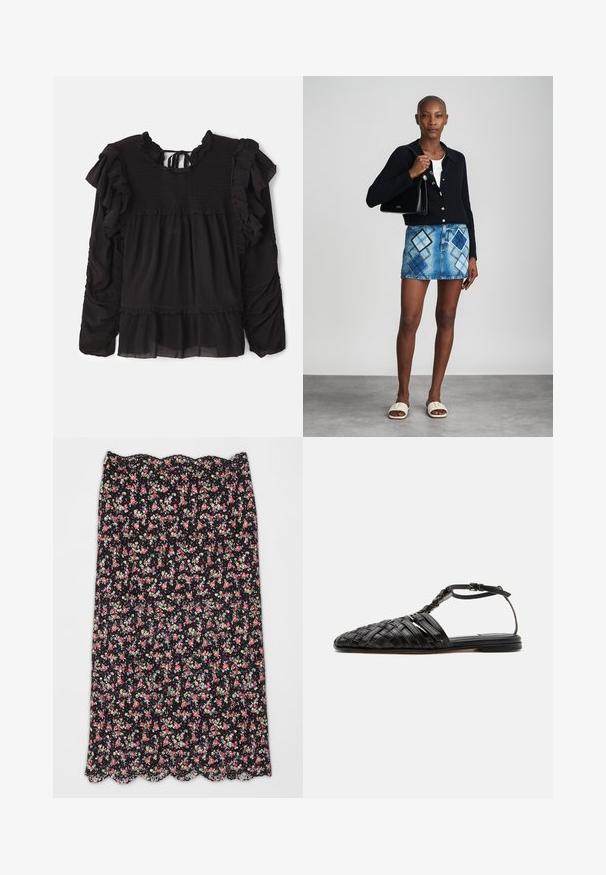 Schwarze Bluse mit Rüschendetails, gerafftem Stoff am Oberteil, langen Ärmeln und einem gestuften Saum mit transparenten Stoffelementen.; Blumenrock mit schwarzem Hintergrund, der rote und weiße Blumen zeigt. Mit gewelltem Saum und leichtem Stoff mit strukturiertem Muster.; Schwarze flache Ledersandale mit geflochtenem geschlossenem Zehenbereich, Knöchelriemen und Schnalle, auf weißem Hintergrund dargestellt.; Schwarze Strickjacke, weißes Oberteil, Jeansrock mit blauem und schwarzem Diamantenmuster, schwarze Handtasche und beige Rutschsandalen.
