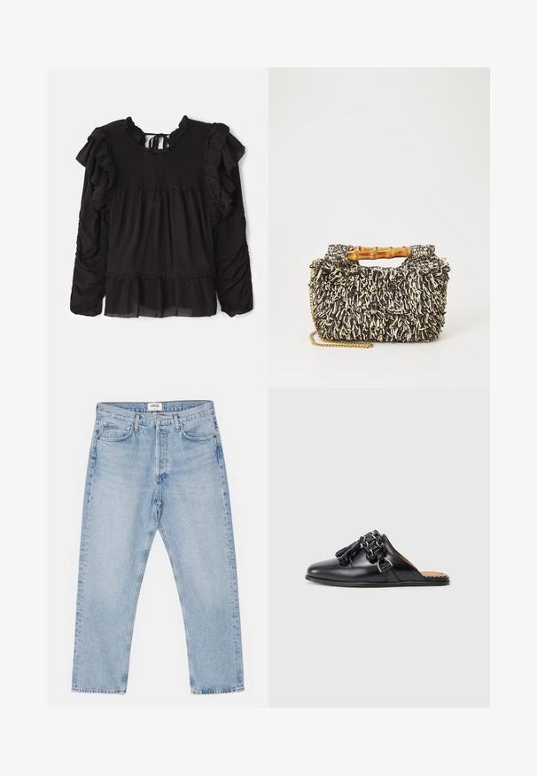 Blouse noire avec des accents froncés, texture smockée au niveau du buste, manches longues et un ourlet à volants avec des détails en tissu transparent.; Jean en denim bleu clair avec une coupe droite classique, cinq poches et un devant boutonné, présentant un léger délavage et une texture robuste.; Chaussure noire en cuir à enfiler avec un bout arrondi, présentant un accent de chaîne tressée et des franges. Texture lisse et semelle plate.; Sac tissé avec un motif texturé noir et crème, une poignée en bambou et une bandoulière en chaîne dorée amovible. Forme rectangulaire compacte.