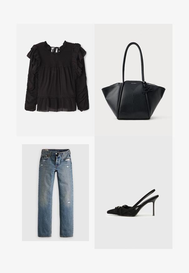 Blusa negra con acentos fruncidos, textura smock en el bodice, mangas largas y un dobladillo escalonado con detalles de tela transparente.; Jeans de denim azul con corte recto, que presentan detalles desgastados y parches desteñidos. La tela tiene un acabado texturizado y costuras cosidas.; Tacones altos de ante negro con tira trasera, punta afilada, correas cruzadas y un tacón de aguja delgado, con un detalle de acento plateado.; Bolso de mano negro estructurado con textura acanalada, dos asas largas y un charm decorativo con el logo en el lado derecho.