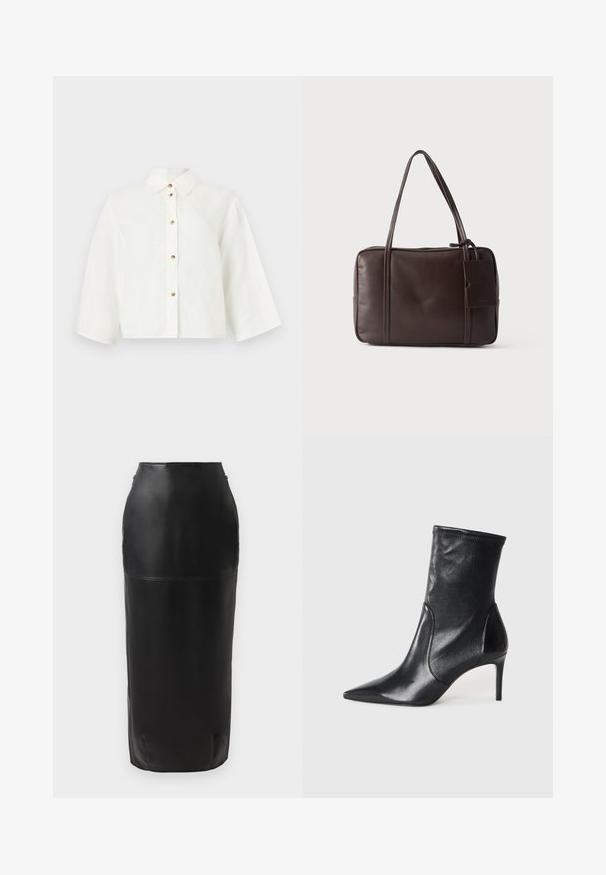 Chemise blanche courte boutonnée avec manches larges et col classique sur fond neutre.; Jupe midi en cuir noir avec une silhouette ajustée, texture lisse, taille haute et fermeture éclair discrète sur le côté. Aucun motif ni accent.; Bottes noires à la cheville en cuir lisse, dotées d'un bout pointu, d'un tige ajustée et d'un talon haut fin. Design minimaliste sans quincaillerie visible.; Sac à main en cuir marron foncé avec deux longues poignées et une petite étiquette rectangulaire attachée sur un fond clair uni.