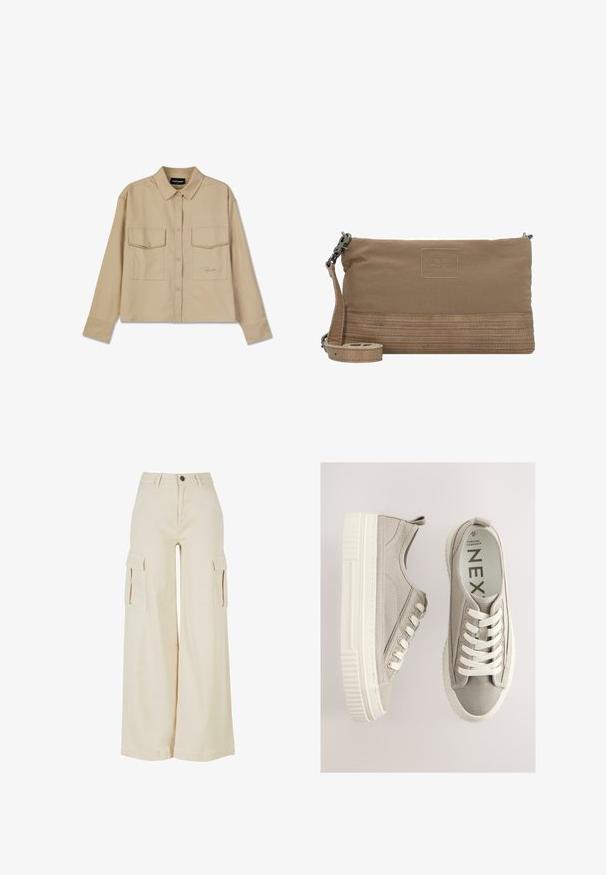 Camisa de manga larga beige, hecha de una tela suave, con cierre de botones, dos bolsillos en el pecho y un dobladillo recto. Bordado sutil del logotipo en la parte delantera.; Pantalones cargo de pierna ancha color beige, fabricados en algodón, con dos grandes bolsillos laterales, cierre de botón en la parte delantera y un dobladillo limpio.; Zapatillas de lona grises con superficie texturizada, punta redonda, suela de goma blanca y cordones blancos. Cuentan con una lengüeta para tirar en el talón.; Bolso cruzado de tela marrón con un acento de cuero texturizado en la parte inferior, que cuenta con un parche de logo y una correa ajustable.