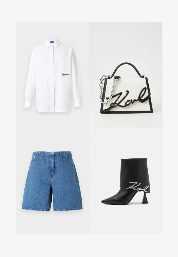 Valge pika varrukaga nööbitav särk kraega, vasakul rinnal must kirjaga "KARL LAGERFELD JEANS" logo.; Keskmise sinise tooniga teksashortsid, millel on kõrge vöökoht, kaks eesmist taskut ja klassikaline viie-tasku disain koos õmblusdetailidega.; Mustast nahast pahkluu saabas tippkõrgusega plokkkanal, terava nina ja volditud ülapoolega, millel on hõbedane "Zaul" logo detail.; Valge nahast käekott mustade aktsentidega, millel on allkiri must logo. Sellel on struktureeritud kuju ja hõbedane kett.