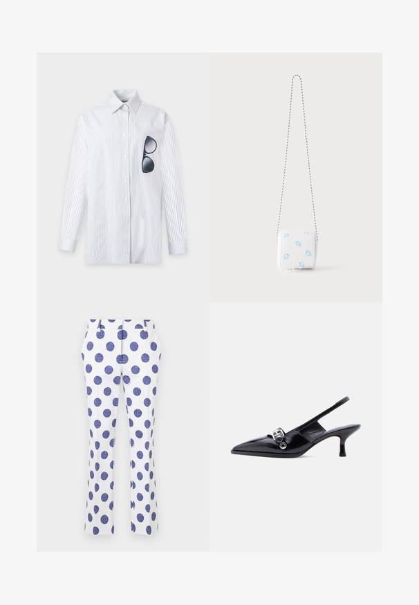 Camisa blanca de manga larga con botones, con finas rayas verticales negras y gafas de sol negras colgadas en el bolsillo izquierdo del pecho.; Pantalones blancos con grandes lunares azules, con un diseño de frente plano, dos bolsillos laterales y pernera recta. Textura de tela suave.; Zapato de charol negro con talón bajo tipo slingback, punta puntiaguda y detalle de hebilla plateada sobre fondo blanco liso.; Bolso pequeño blanco con símbolos de género masculino en azul, borde inferior festoneado y una correa de cadena delgada sobre fondo liso.