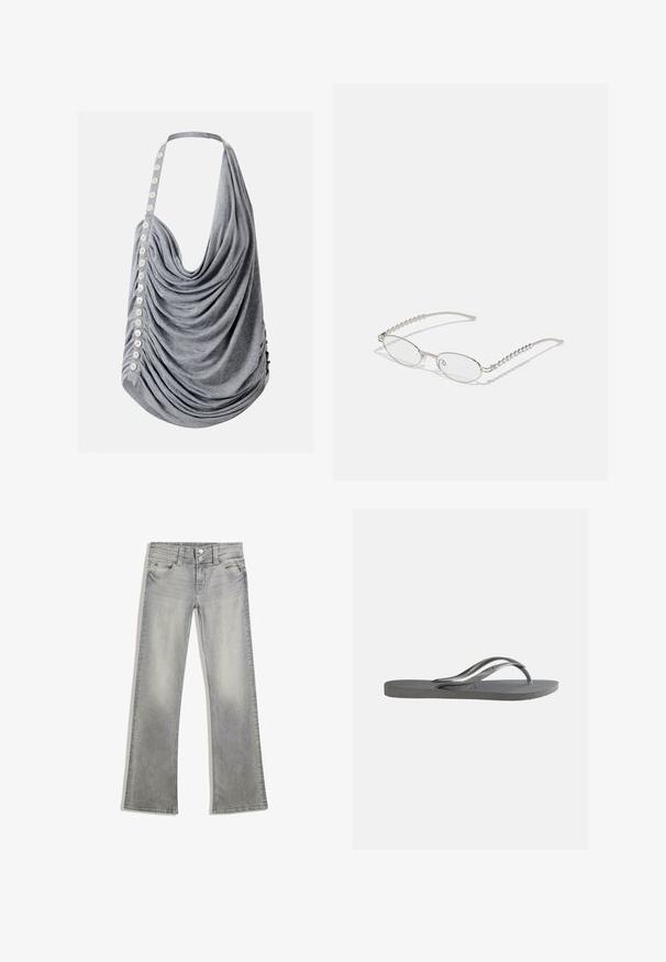 Grau drapierter Neckholder-Top mit weißen Knöpfen entlang einer Seite und einem lockeren, gerafften Design.; Graue Jeans mit Schlag im verwaschenen Look, mit einem Knopfverschluss, fünf Taschen und genähten Details entlang des Taillenbundes und Saums.; Flache graue Flip-Flop-Sandale mit strukturiertem Fußbett und dünnen Y-förmigen Riemen, von der Seite vor einem schlichten hellen Hintergrund gezeigt.; Ovale Brillen mit einem metallisch-silbernen Rahmen, klaren Gläsern und strukturierten Perlenakzenten an den Bügeln. Leichtes Design mit gebogenen Bügeln.