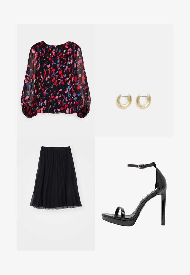 ICHI PETITE Bluse - poppy red; Sort plissee nederdel lavet af gennemsigtig stof med elastisk talje. Flydende design, der strækker sig til midt på læggen og viser lodrette folder.; Steve Madden MILANO - Højhælede sandaletter / Højhælede sandaler - black; Guld-tone hoop øreringe med en glat, poleret overflade. Har en halvcirkelform og en sikker stiftlukning.