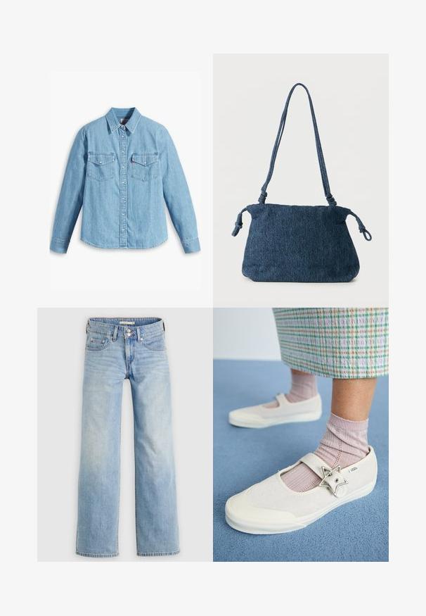 Helles blaues Denimhemd mit langen Ärmeln, spitzem Kragen, zwei Brusttaschen, Knopfleiste und subtiler Struktur. Keine sichtbaren Muster.; Hellblaue Jeans mit weitem Bein aus Denim, mit Knopfleiste, Gesäßtaschen und einem leicht ausgewaschenen Look für einen lässigen Stil.; Weisse Leinenschuhe mit einem Obermaterial aus Wildleder, einem Riemen über dem Rist und einem sternförmigen silbernen Akzent. Kombiniert mit hellrosa gerippten Socken.; Dunkelblaue Denim-Schultertasche mit verknoteten Trägerenden und schlichter rechteckiger Form vor weißem Hintergrund.