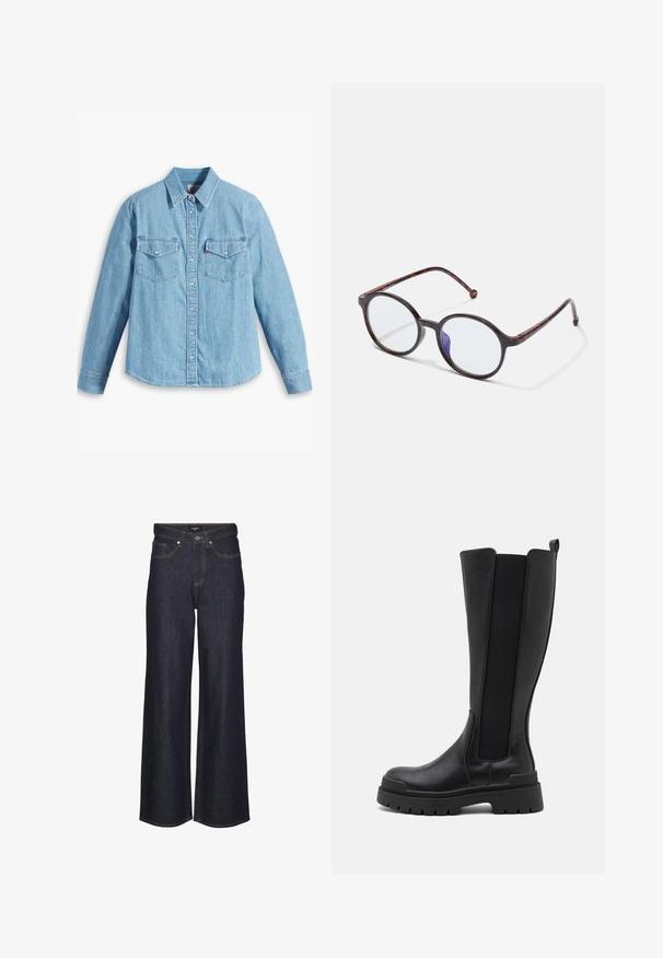 Lyseblå denimskjorte med lange ærmer, spidse krave, to brystlommer, knaplukning og subtil tekstur. Ingen synlige mønstre.; Højtaljede brede bukser i mørk denim. Har klassisk stikning, fem lommer og knaplukning foran.; Even&Odd Plateaustøvler - black; Runde skildpaddebrune brilleindramninger med klare linser og en subtil blå lysrefleksion på en hvid baggrund.