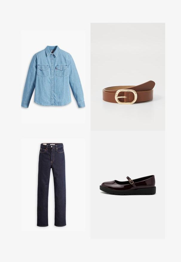 Lyseblå denimskjorte med lange ærmer, spidse krave, to brystlommer, knaplukning og subtil tekstur. Ingen synlige mønstre.; Mørkeblå straight-leg denim jeans med fem lommer og synlig orange syning på hvid baggrund.; Glinsende burgunderfarvede Mary Jane-sko med en rund tå, justerbar spænde rem og en sort, tekstureret platformsål.; Brun læderbælte med en gylden oval spænde og stilsikre syninger. Glat tekstur med et minimalistisk design og tilspidset ende.