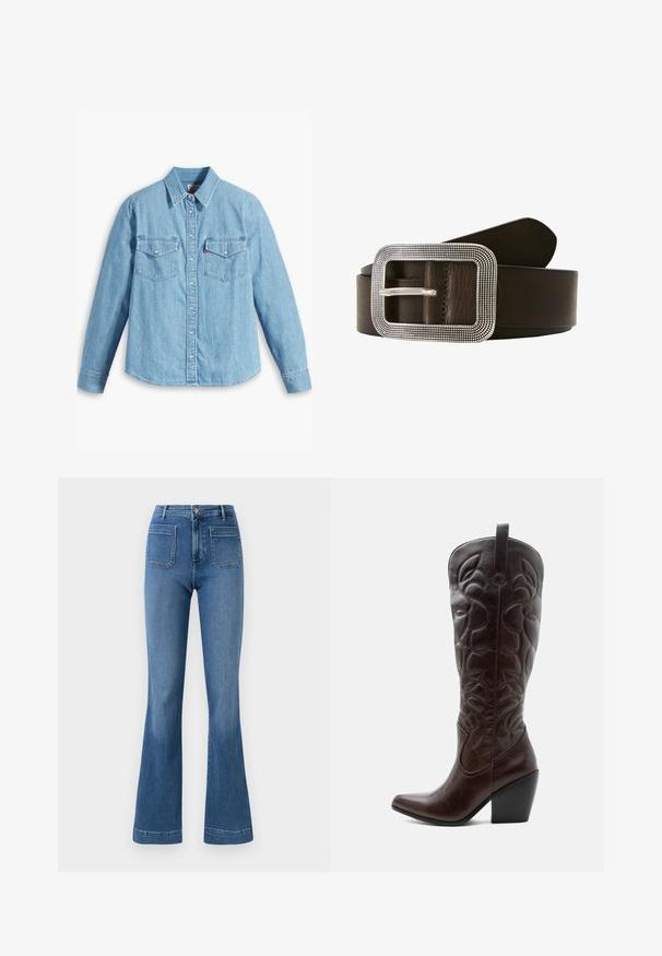 Helles blaues Denimhemd mit langen Ärmeln, spitzem Kragen, zwei Brusttaschen, Knopfleiste und subtiler Struktur. Keine sichtbaren Muster.; Ausgestellte blaue Jeans aus Denim mit normaler Bundhöhe, ausgestattet mit zwei Gesäßtaschen und einer sauberen Saumlinie. Glatte Textur und klassisches Design.; Hoher dunkelbrauner Leder-Cowboystiefel mit gestickten dekorativen Mustern, spitzer Spitze und gestapeltem Blockabsatz.; Brauner Leder Gürtel mit einer rechteckigen silberfarbenen Schnalle, die eine strukturierte Kante und einen einzelnen Riegel zum Verschließen aufweist.