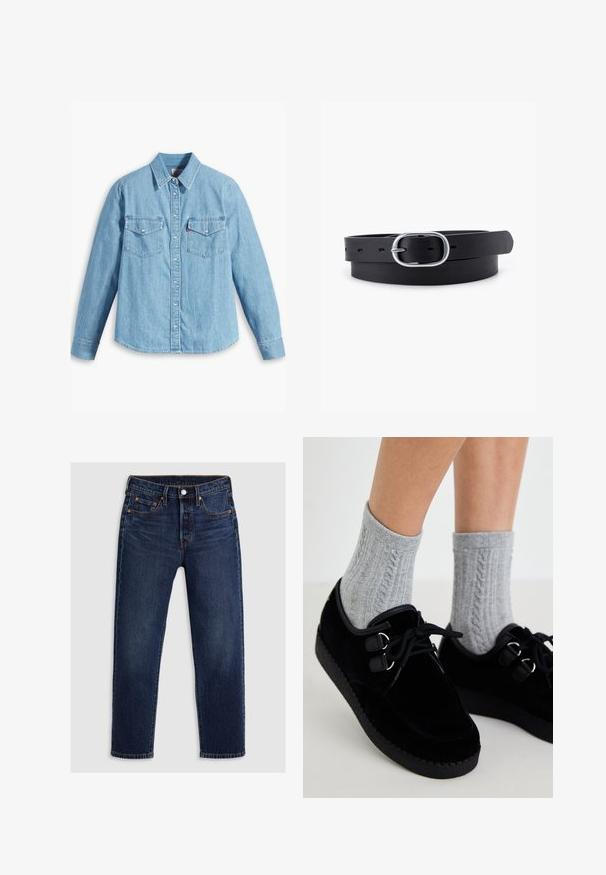 Helles blaues Denimhemd mit langen Ärmeln, spitzem Kragen, zwei Brusttaschen, Knopfleiste und subtiler Struktur. Keine sichtbaren Muster.; Dunkelblaue Jeans aus Denim mit geradem Bein-Design. Verfügt über einen Reißverschluss mit Knopfverschluss, fünf Taschen und kontrastierende Nähte.; Schwarze Samt-Schuhe mit flachen Sohlen, runder Zehenform und doppelten Ösen. Getragen mit grauen, grob gestrickten Socken. Glatte Textur und schlichtes Design.; Schwarzer Leder Gürtel mit glatter Textur, ovaler silberner Metallschnalle und mehreren Einstelllöchern entlang des Riemens. Flaches, minimalistisches Design.