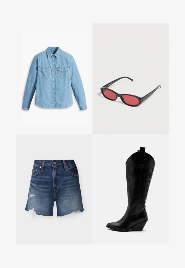 Chemise en denim bleu clair à manches longues, col pointu, deux poches poitrine, patte de boutonnage et texture subtile. Pas de motifs visibles.; Shorts en denim bleu avec bords effilochés et patchs usés sur un fond clair uni, vue de face.; Botte de cowboy en cuir noir avec bout pointu, talon bloc incliné, couture décorative et languettes en haut sur fond blanc.; Lunettes de soleil ovales noires avec des branches fines et des verres teintés rouges posées sur une surface blanche.