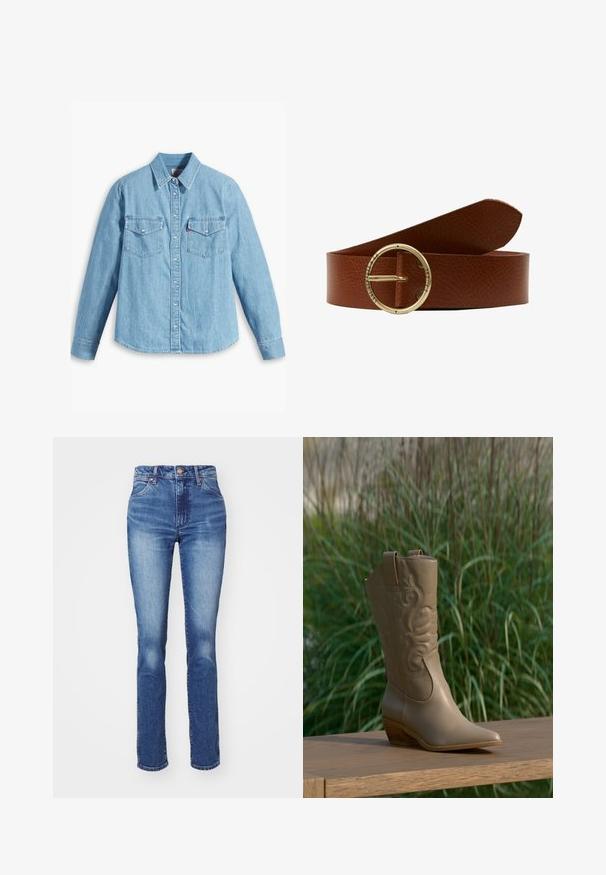 Lichtblauwe spijker blouse met lange mouwen, puntige kraag, twee borstzakken, knoopsluiting en subtiele textuur. Geen zichtbare patronen.; Blauwe denim jeans met een rechte pasvorm, hoge taille en subtiele vervaging. Beschikt over een knoopsluiting en een klassieke vijf-pocket stijl. Textuur is soepel.; Tan leren cowboylaars met geborduurd ontwerp en houten hak, geplaatst op een houten oppervlak tegen een achtergrond van een groene plant.; Bruine leren riem met een textuurafwerking, voorzien van een ronde gouden gesp, gegraveerd met "T.W. ST. BROS & CO S.F. CAL."