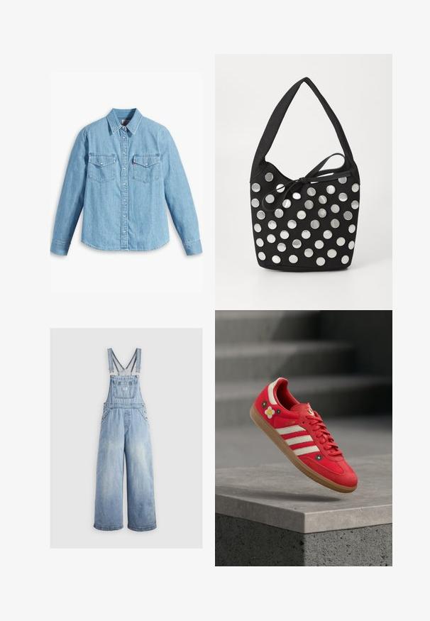 Chemise en denim bleu clair à manches longues, col pointu, deux poches poitrine, patte de boutonnage et texture subtile. Pas de motifs visibles.; Salopette en denim bleu clair avec des jambes larges, bretelles réglables, poche avant et boutons en métal sur les côtés. Style classique avec une coupe décontractée.; Chaussure de sport rouge avec des rayures blanches, une broderie florale et une semelle en gomme. Tissu lisse avec des accents en daim. Modèle : Samba.; Sac à main en tissu noir, de forme arrondie, orné de clous métalliques ronds en argent disposés en motif, et d'un accent en tissu noué.