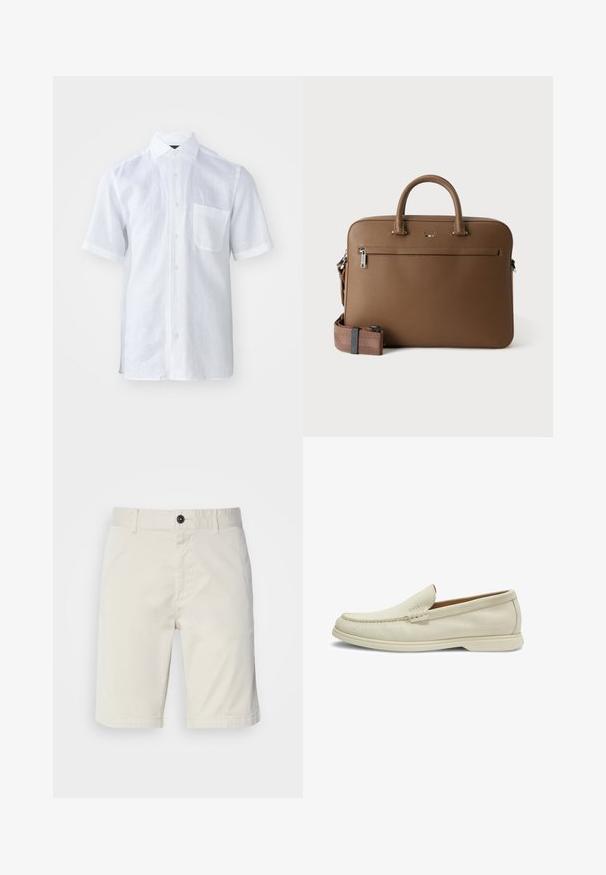 Witte kortlopende shirt van lichtgewicht linnen met een knoopsluiting, een voorzak en een licht gestructureerd oppervlak.; Lichtbeige shorts van katoen, met een knoopsluiting, voorzakken en gestikte zoom. Soepele textuur met een casual ontwerp.; Beige suède instaploaier met gestikte moc-toe, platte rubberen zool en een subtiel geperst "BOSS"-logo aan de bovenzijde.; Bruine leren aktetas met bovenhandvatten, voorvak met ritssluiting en afneembare bijpassende schouderriem op witte achtergrond.