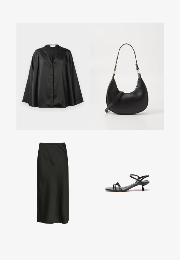 Blouse noire en satin avec des manches longues et larges, ainsi qu'un col en V profond, présentée sur un fond blanc uni.; Jupe midi noire fabriquée en tissu lisse et léger. Présente un design simple avec une taille élastique et une légère brillance.; Sandale en cuir noir au design épuré et minimaliste. Dotée de deux fines lanières et d'un petit talon incliné. Texture lisse et bout ouvert.; Sac à main en cuir noir avec une forme courbée, doté d'une fermeture à glissière en haut, d'une courte poignée et d'une bandoulière amovible. Accent en métal doré.