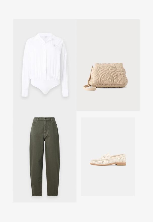 Witte body met lange mouwen en een kraag, voorzien van een aansluitende taille en een klein logo met versieringen op de borst.; Khaki groene broek van duurzame stof, met een hoge taille, rechte pijpen, knoopsluiting en zijzakken.; Crèmekleurige leren loafer met geperforeerd ontwerp, lage gestapelde hak en moc-toe stiksels, in profiel afgebeeld tegen een effen achtergrond.; Beige gewatteerde schoudertas met onregelmatige gestikte patronen en een afneembare riem, weergegeven op een lichte achtergrond.