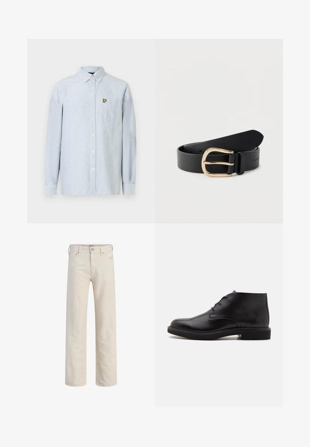 Blauw-wit gestreept shirt met lange mouwen, een button-down kraag en een borstzak met een klein geborduurd logo.; Off-white jeans met rechte pijpen, voorzakken, riemlussen, knoop- en ritssluiting.; Zwarte leren enkellaars met drie veterogen, een afgeronde neus en platte zool op een effen lichte achtergrond.; Zwarte leren riem opgerold met een glanzende gouden gebogen metalen gesp op een effen lichte achtergrond.