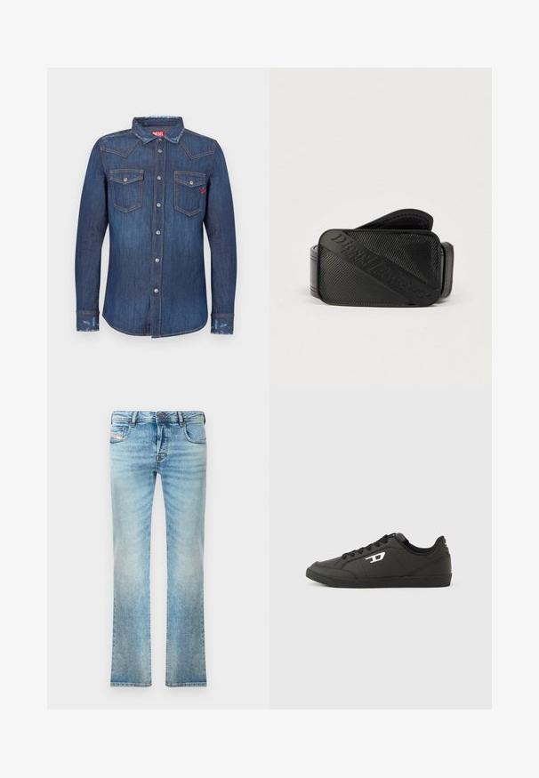 Mørkeblå denimskjorte med lange ærmer, spidst krave, to brystlommer, sølvfarvede knapper og diskrete sliddetaljer.; Lysblå denimjeans med lige ben, femlommesdesign og let slid. Inkluderer metalknap og lynlås lukning.; Sorte syntetiske sneakers med en struktureret sort sål, rund tå og flade sorte snørebånd. Fremtrædende hvidt logo på ydersiden.; Sort bælte med et struktureret design og et fremtrædende præget logo. Materialet virker glat med en læderlignende finish.