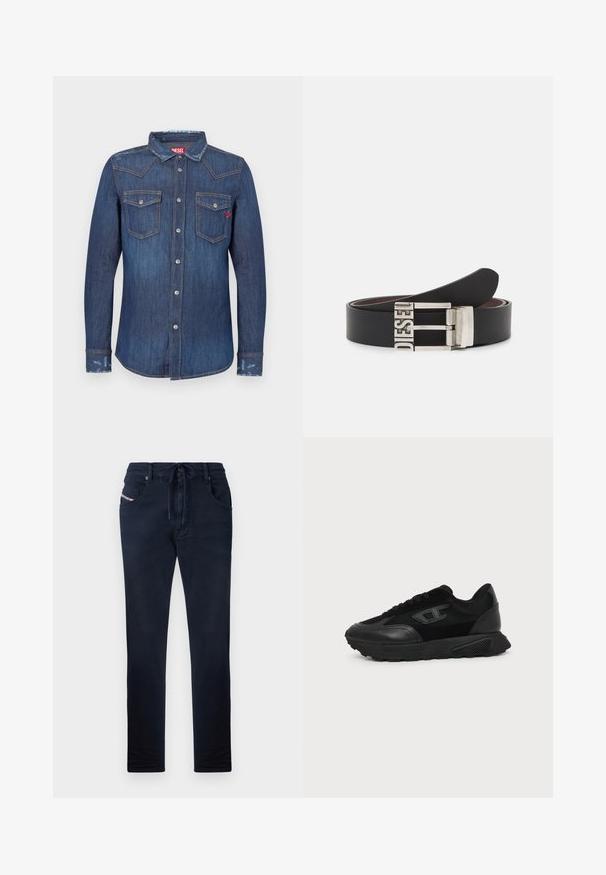 Camisa de mezclilla azul oscuro con mangas largas, cuello puntiagudo, dos bolsillos en el pecho, cierres con botones plateados y sutiles detalles desgastados.; Pantalones azul marino con cintura ajustable, corte recto, dos bolsillos frontales y un sutil detalle de logo en el bolsillo izquierdo. Textura suave.; Zapatilla negra de corte bajo con suela texturizada, parte superior de malla y cuero, cierre de cordones en la parte delantera y un pequeño logo en relieve en el panel lateral.; Cinturón de cuero negro con una hebilla de metal plateada que presenta el texto embossado "DIESEL". El diseño es elegante con una textura suave.