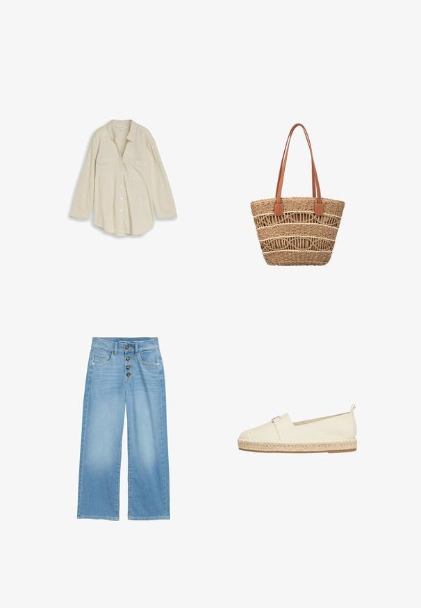 Beige langärmliges Hemd mit Knopfleiste, Kragen und zwei Brusttaschen, flach auf weißem Hintergrund präsentiert.; Helle blaue Hochbund-Jeans im weit geschnittenen Stil aus Denim, mit einer fünfknöpfigen Verschlussleiste und zwei vorderen Taschen. Vielseitige, glatte Textur.; Beige Slip-on Espadrille mit gewebter Jutsohle, Stoffobermaterial, dekorativem Riemen und Fersenlasche, Seitenansicht vor weißem Hintergrund.; Geflochtene Strohtasche mit offenem Gitterdesign und braunen Leder-Doppel-Schulterriemen, geeignet für den Freizeit- oder Strandgebrauch.