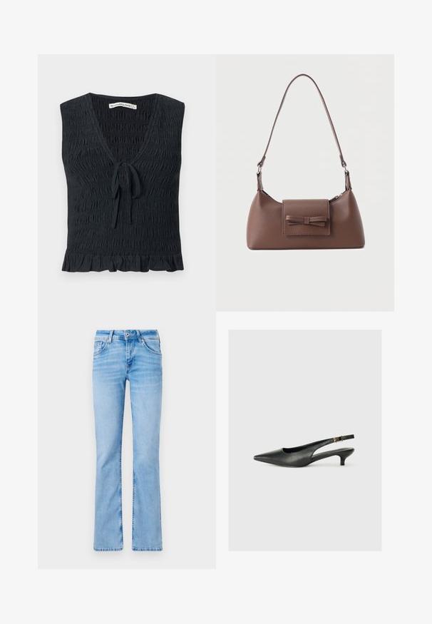 Haut noir sans manches avec encolure en V, texture froncée, détail de nouage à l'avant et ourlet à volants. Fabriqué à partir d'un tissu léger et élastique.; Jeans en denim bleu clair évasés avec cinq poches, une fermeture à bouton et des passants de ceinture, présentant des zones décolorées et une texture lisse.; Chaussure slingback noire à bout pointu en cuir lisse. Présente un talon fin et un détail de boucle sur la sangle réglable.; Sac à bandoulière en cuir marron avec une poche à rabat avant ornée d'un détail en forme de nœud cousu et une sangle réglable.