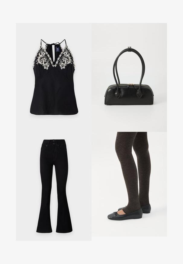 Zwarte mouwloze top met een diepe halslijn, voorzien van ingewikkelde witte bloemborduring langs de schouders en een strikdetail aan de achterkant.; Pepe Jeans FLARE CONTOUR - Flared Jeans - black denim; Benen met donkere geribbelde leggings gecombineerd met zwarte ballerina's met kleine strikdetails op een witte achtergrond.; Zwarte leren handtas met twee verlengde handvatten, ritsluiting en ronde vorm; gladde textuur met subtiele glanzende afwerking.