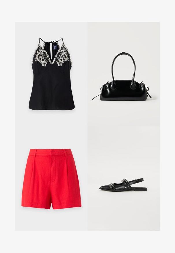 Sort ærmeløs top med en dyb udskæring, som har detaljeret hvid blomsterbroderi langs skuldrene og en binding på ryggen.; Røde linned shorts med et skræddersyet design, der har foldedetaljer, en glat tekstur og en mellemhøj talje.; Even&Odd by Zalando Slingback-ballerinasko - black; Lille sort blank håndtaske med to lange håndtag og snøre-detaljer i siden på en ensfarvet lys baggrund.