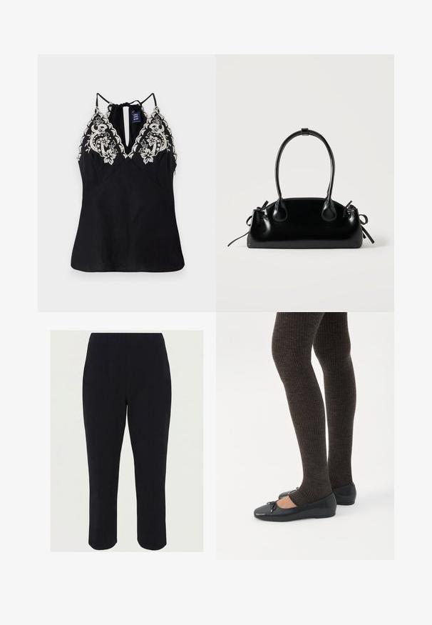 Haut sans manches noir avec un décolleté plongeant, ornée d'une broderie florale blanche délicate sur les épaules et d'un détail de lien à l'arrière.; Pantalon noir ajusté taille haute, longueur cheville, coupe droite avec un détail discret de couture avant.; Jambes portant des leggings côtelés foncés associés à des ballerines noires avec de petits détails en nœud sur fond blanc.; Petit sac à main noir brillant avec deux longues anses et des détails à cordon sur les côtés sur un fond clair uni.