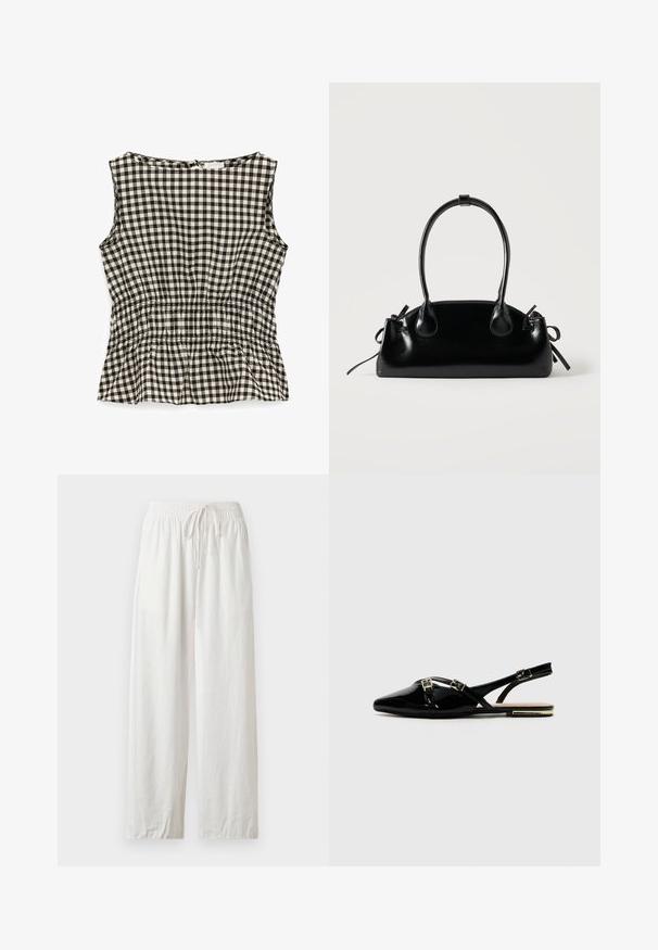 Blouse sans manches à carreaux vichy noir et blanc avec taille élastique et encolure ronde, vue de dos.; Pantalon ample en lin blanc avec taille élastique et cordon, présenté à plat sur un fond neutre.; Des chaussures slingback en cuir verni noir avec un bout pointu, ornées de deux boucles dorées et d'un petit talon. Texture lisse et design minimaliste.; Petit sac à main noir brillant avec deux longues anses et des détails à cordon sur les côtés sur un fond clair uni.