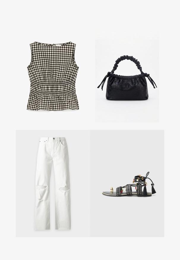 Blusa sin mangas de cuadros vichy en blanco y negro con cintura elástica y cuello redondo, vista trasera.; Vaqueros de denim blancos con corte recto y detalles rasgados en ambas rodillas, con bolsillos delanteros y cierre de botones.; Sandalias de cuero negro con tres tiras anchas adornadas con tachuelas doradas, borlas decorativas y charms en rojo y verde. Suela plana con un acento dorado.; Bolso negro con textura de cocodrilo, borde superior fruncido, asa recogida y cordones con borlas en cada lado sobre un fondo blanco.