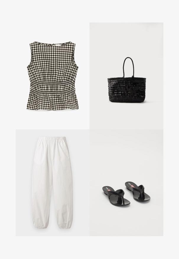 Ærmeløs sort-hvid gingham ternet bluse med elastisk talje og rund halsudskæring, set bagfra.; Løse hvide bukser med elastisk talje og manchetter, lavet af let stof, fotograferet mod en ensfarvet lys baggrund.; Melissa QUANTUM THONG X DIESEL - Sandaler m/ tåsplit - black; Sort vævet lædertaske med to afrundede håndtag, stående oprejst på en ensfarvet hvid baggrund.