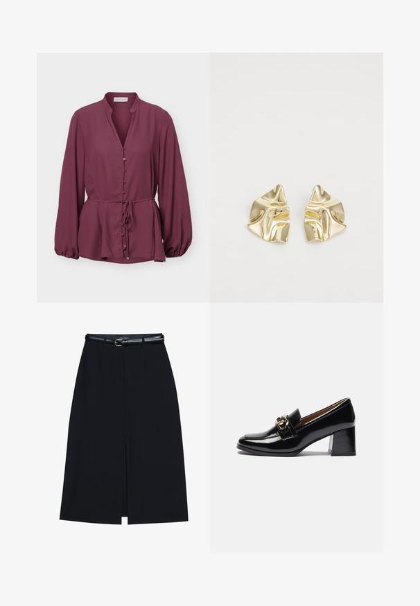 Blouse prune à manches longues avec col mandarin, boutons dorés sur le devant et ceinture à la taille, avec un ourlet légèrement évasé et des poignets froncés.; Jupe noire à mi-cuisse avec une fente frontale, fabriquée en tissu lisse. Comprend une fine ceinture noire avec une boucle en argent et des passants.; Mocassins à talons en cuir verni noir avec un bout arrondi, un talon plus épais et un accent en métal doré sur la sangle avant.; Boucles d'oreilles en métal doré avec un design ondulé ; surface lisse et réfléchissante ; forme asymétrique ; sans motifs ni éléments visibles.