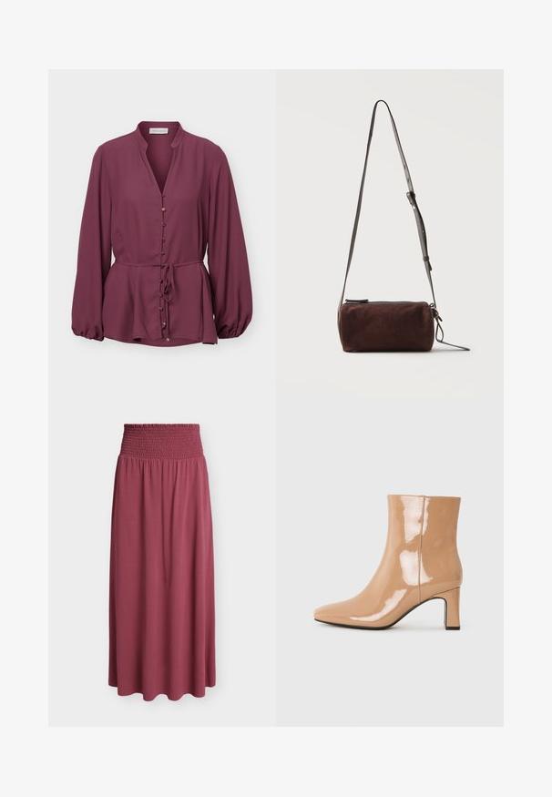 Langarm pruimenblouse met mandarijnkraag, gouden knopen aan de voorkant en een taillekoord, voorzien van een iets uitlopende zoom en gerimpelde manchetten.; Lange rok in mauve kleur met een brede, gerimpelde elastische tailleband en zachte, vloeiende stof die tot aan de zoom reikt.; Nude patent leren enkellaarsjes met een spitse neus, een glanzende afwerking en een mid-hoge blokhak. Gladde textuur en elegante silhouet.; Donkerbruine suède cilindervormige crossbodytas met verstelbare dunne leren riem en bovenritssluiting.