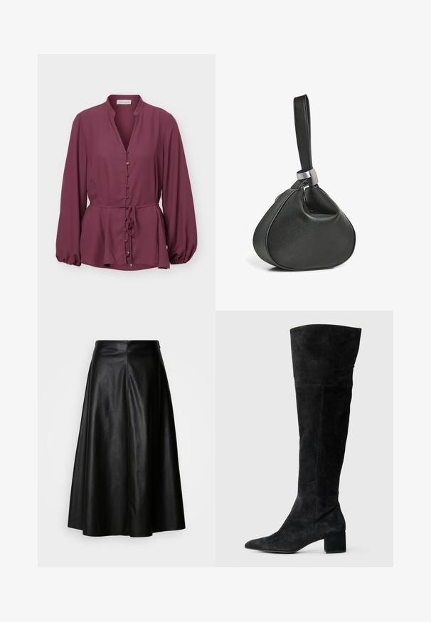 Blouse prune à manches longues avec col mandarin, boutons dorés sur le devant et ceinture à la taille, avec un ourlet légèrement évasé et des poignets froncés.; Jupe en cuir noir avec un design évasé, longue jusqu'aux genoux, présentant une texture lisse et un dos structuré sans couture pour un look ajusté.; Bottes noires en daim montant au-dessus du genou, avec un bout pointu et un talon bloc. Texture lisse avec des coutures latérales et une coupe ajustée.; Sac bracelet en cuir noir avec une forme triangulaire douce et une large sangle attachée par une boucle en métal argenté.
