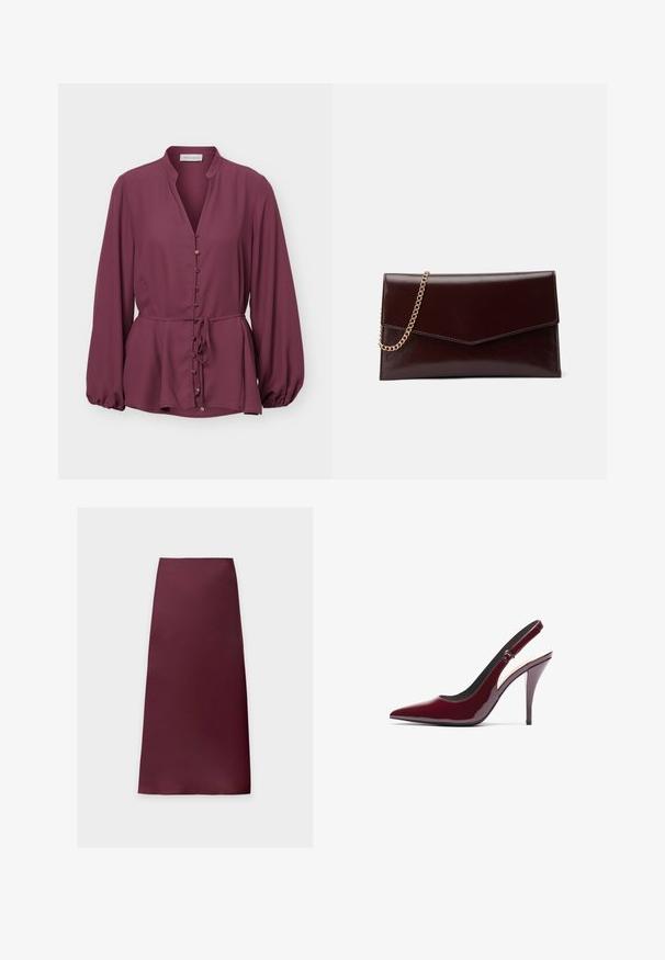 Langarm pruimenblouse met mandarijnkraag, gouden knopen aan de voorkant en een taillekoord, voorzien van een iets uitlopende zoom en gerimpelde manchetten.; Rechte midi-rok in effen donker bordeauxkleur met gladde stof en zonder zichtbare patronen of versieringen.; Bordeaux gepatenteerd leren slingback pump met een spitse neus, hoge stilettohak en een strakke, gladde textuur. Verstelbare banddetail.; Leren clutch in donkerbordeaux met een envelopontwerp. Voorzien van een gouden kettingriem, een gladde textuur en een spitse klep sluiting.