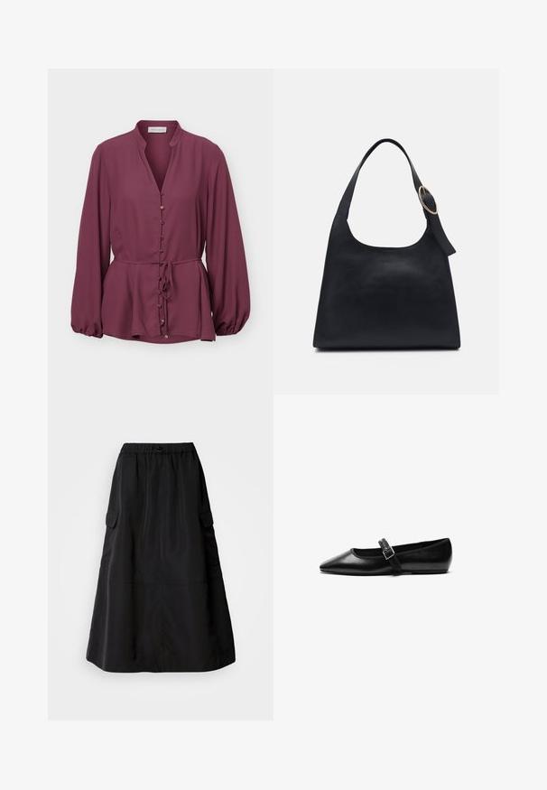 Blusa de ciruela de manga larga con cuello mandarín, botones dorados al frente y cinturón en la cintura, con un dobladillo ligeramente acampanado y puños fruncidos.; Falda negra de corte holgado, hecha de una tela suave. Cuenta con una cinturilla elástica y dos bolsillos cargo laterales. Diseño de longitud media.; Zapato plano negro de cuero con punta afilada, correa ajustable con hebilla de metal, textura suave y diseño minimalista.; Bolso tote de cuero negro con textura suave, cuerpo redondeado y una sola correa de hombro con un acento de hardware dorado circular.