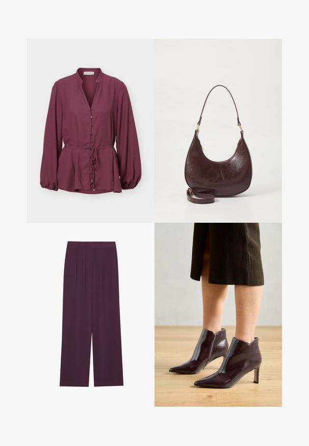 Blouse prune à manches longues avec col mandarin, boutons dorés sur le devant et ceinture à la taille, avec un ourlet légèrement évasé et des poignets froncés.; Pantalons larges en tissu violet profond, dotés de plis, d'une texture lisse et de poches latérales pour plus de fonctionnalité.; Bottines en cuir bordeaux à bout pointu et talon fin. Elles présentent une fermeture éclair sur le côté et une texture lisse et brillante.; Sac à épaule en cuir bourgogne avec une forme incurvée, fermeture éclair et une sangle détachable. Présente une texture lisse et des accents en métal doré.