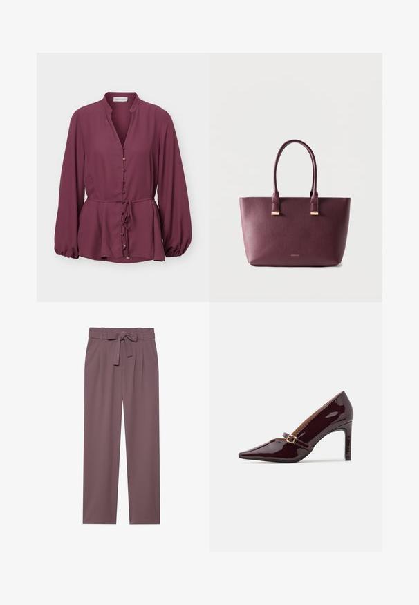 Langarm pruimenblouse met mandarijnkraag, gouden knopen aan de voorkant en een taillekoord, voorzien van een iets uitlopende zoom en gerimpelde manchetten.; Plumkleurige wijde broek met een ceintuur, geplooid front en een zachte textuur. Beschikt over zijzakken en een op maat gemaakte uitstraling.; Patente bordeaux hoge hak schoen met puntige neus, enkelsluitle met gouden hardware en een strakke, gepolijste afwerking. Verhoogde stiletto hak.; Donkerpaarse leren shopper met twee handvatten en klein gouden merkembleem aan de voorkant, afgebeeld tegen een effen lichte achtergrond.