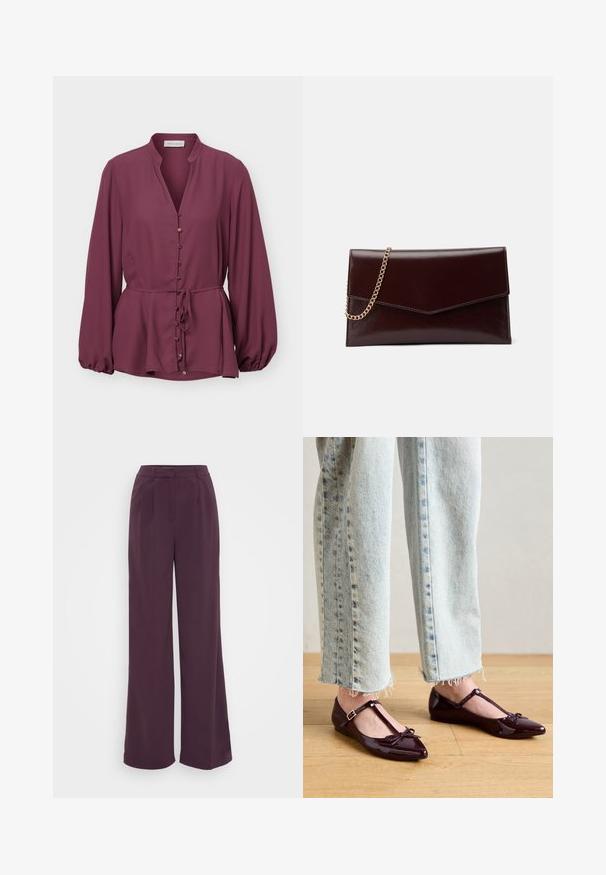 Blusa de ciruela de manga larga con cuello mandarín, botones dorados al frente y cinturón en la cintura, con un dobladillo ligeramente acampanado y puños fruncidos.; Pantalones de pierna ancha en tejido morado profundo. Presentan una cinturilla ajustada con pliegues. Textura suave sin patrones ni herrajes visibles.; Zapatillas de ballet brillantes en color burdeos con tira en T y detalle de lazo en la punta. Combinadas con vaqueros de mezclilla azul claro y corte cropped.; Bolso de mano de cuero en burdeos oscuro con diseño de sobre. Presenta una cadena dorada, textura suave y cierre en forma de punta.