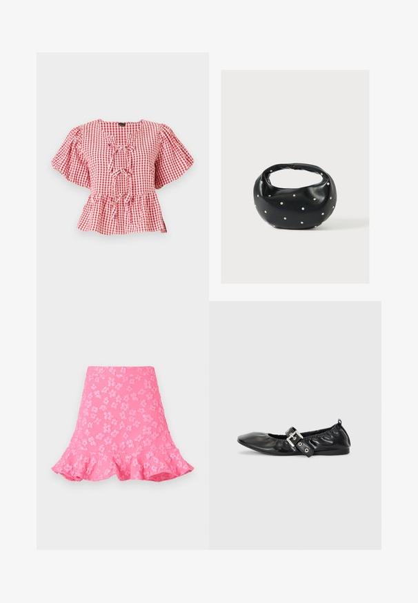 Blusa a cuadros rojos y blancos con mangas abullonadas, detalle de lazo en el cuello y dobladillo peplum. Fabricada en un tejido ligero.; Falda rosa de corte acampanado que presenta patrones florales en relieve, un dobladillo con volantes y una textura suave. Longitud por encima de la rodilla con una cinturilla ajustada.; Zapato plano de piel negra con puntera afilada, detalle fruncido alrededor de la abertura y un acento de hebilla plateada en la correa ajustable.; Bolso de mano de cuero negro con forma redondeada, decorado con detalles de tachuelas plateadas y un asa corta. Textura lisa y cierre con cremallera.