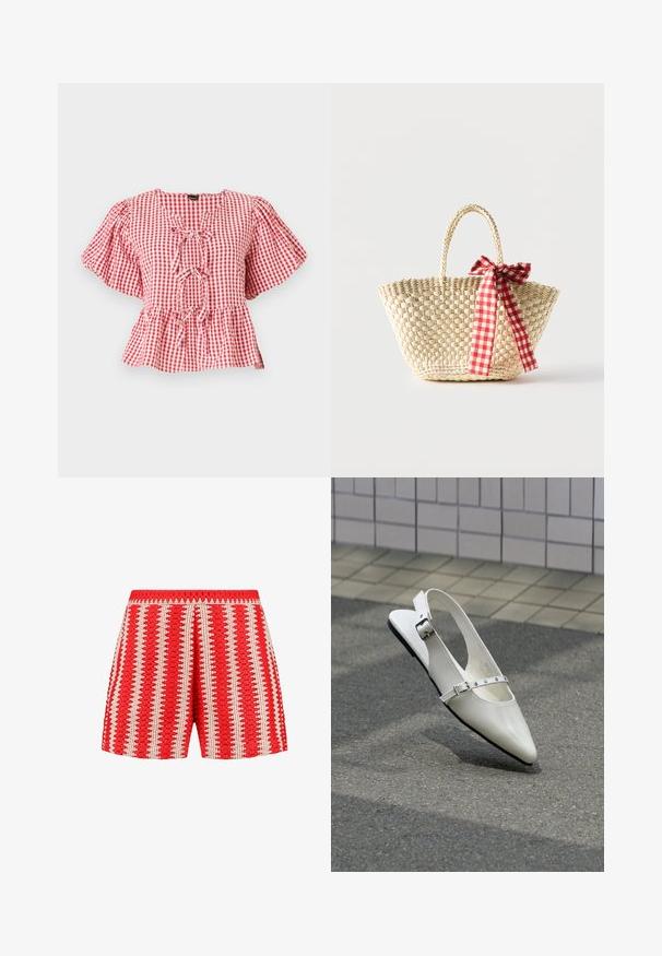 Rood-wit geruite blouse met puffmouwen, een strikdetail bij de hals en een peplum-zoom. Gemaakt van lichtgewicht stof.; Rode shorts gemaakt van een gestructureerde stof met witte verticale strepen en een gekarteld patroon. Elastische tailleband en een losse pasvorm.; Witte puntige slingback platte schoen met twee zilveren gespen, getoond buiten op een getextureerde ondergrond en betegelde muur als achtergrond.; Gevlochten strooien tas met gevlochten handvatten en een rood-wit geruit lint dat aan één zijde in een strik is gebonden.