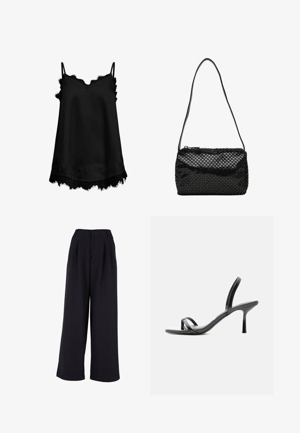Zwarte crêpe-camisole met dunne verstelbare bandjes, een getande kanten rand bij de halslijn en zoom, voorzien van delicate bloemmotieven.; Zwarte wijde broek van stof, met voorplooien, een knoopsluiting en een zachte textuur. Tailored design met een hoge taille.; Zwarte sandaal met hoge hak, smalle teen- en enkelbandjes, glanzende afwerking en een dunne stilettohak.; Kleine zwarte cilindervormige handtas met een lange, dunne riem en een netpatroon op het oppervlak.