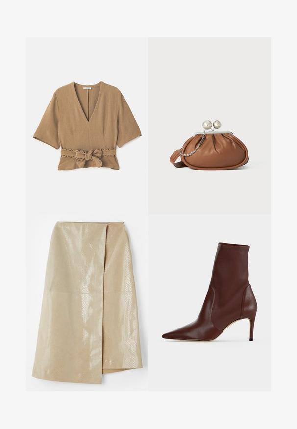 Blouse texturée marron avec un décolleté en V profond, des manches courtes et un détail de ceinture nouée à la taille, présentant un bord ondulé sur la ceinture.; Jupe en simili cuir beige avec un motif serpent texturé et brillant ; dotée d'un design enroulé et d'une fente sur le côté pour plus de détails.; Bottine en cuir marron foncé à bout pointu et talon haut fin sur un fond clair uni.; Pochette en cuir marron avec un fermoir à boule en argent et un petit détail en chaîne argentée sur fond blanc.