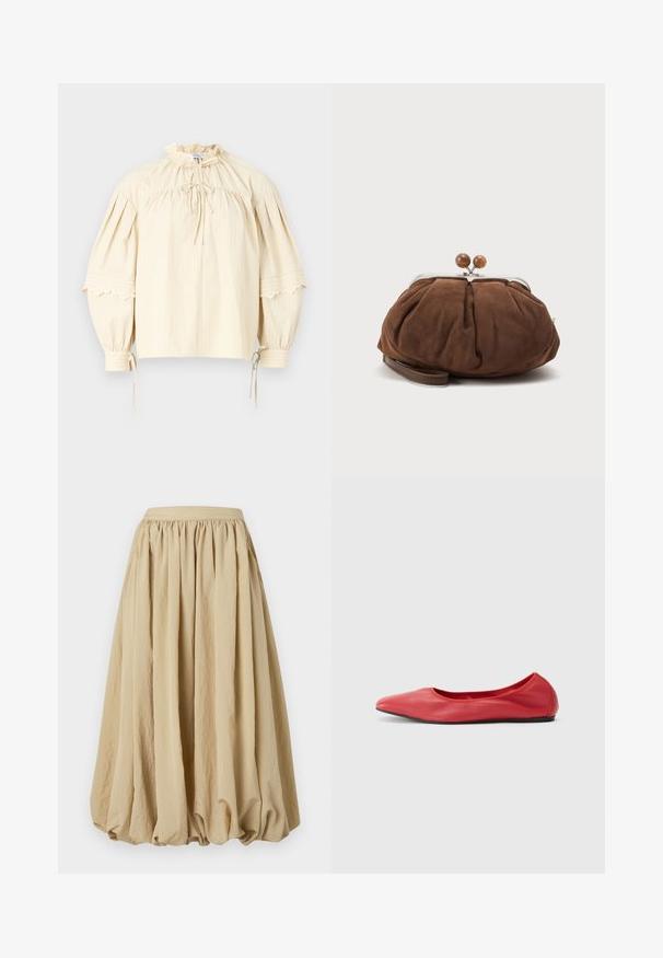 Hofmann Copenhagen SHARON - Blouse - oyster; Beige midi-rok met een geplooid taillegedeelte, vloeiende stof en volumineuze vorm, met een gestructureerd oppervlak en subtiele kreukdetails.; Filippa K REY FLATS - Ballerina's - bright red; Zachte bruine suède polstasje met zilverkleurige metalen frame en ronde bruine sluitknopjes op een effen lichte achtergrond.