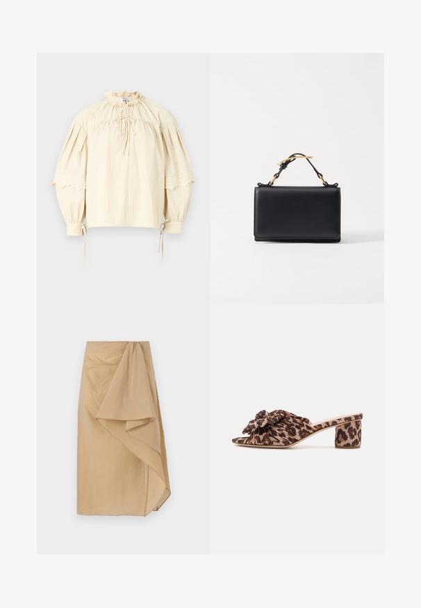 Hofmann Copenhagen SHARON - Blouse - oyster; Jupe enveloppante beige en tissu léger avec un drapé asymétrique, dotée d'une ceinture froncée et d'une texture lisse. Sans fermetures visibles.; Mules à talons en imprimé léopard avec un dessus plissé et un accent floral. Design à bout ouvert et un talon moyen épais avec un motif texturé.; Sac à main en cuir noir de forme rectangulaire, doté d'une anse supérieure et d'accents en métal doré. Texture lisse, design minimaliste.