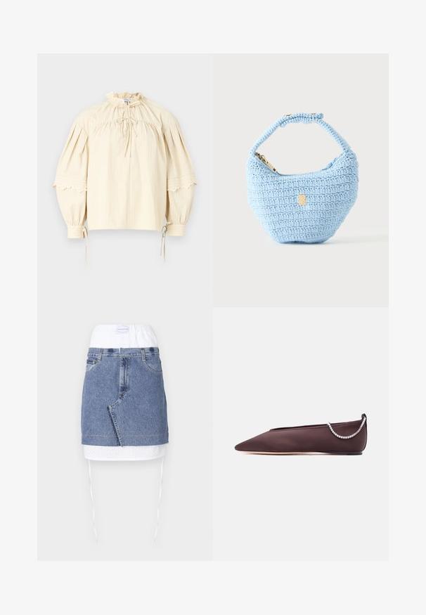 Hofmann Copenhagen SHARON - Bluse - oyster; Denim nederdel med en blå krop, hvid perforeret talje og snoretræk. Har forlommer og en lige pasform med rå kant.; Mørkebrun flad sko med spids tå, lav hæl og en sølvfarvet rhinstenkæde detalje bagpå.; Lille lyseblå hæklede håndtaske med kort rem og guldfarvet lynlås, vist mod en ensfarvet lys baggrund.