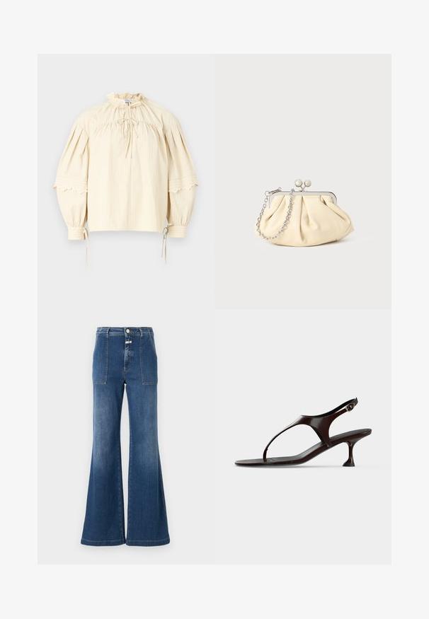 Hofmann Copenhagen SHARON - Bluse - oyster; Hochgeschnittene Schlagjeans aus mittelblauem Denim mit einem verblassten Finish. Verfügt über aufgesetzte Taschen und einen Knopfverschluss. Saubere Säume.; Dunkelbraune Lackleder-Slingback-Sandale mit kittenabsatz und Zehensteg auf weißem Hintergrund.; Faltige beigefarbene Ledertasche mit einem silbernen Metallrahmen, ausgestattet mit zwei runden dekorativen Verschlüssen und einem silbernen Kettenriemen.